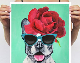 French Bulldog poster, frenchie painting, gift for frenchie lovers, holiday gift, christmas gift, by Coco de Paris: frenchie with flowers