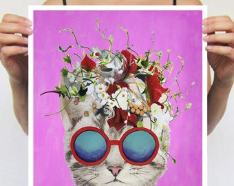 Cat gift, cat painting, gift for cat lovers, kitty painting by Coco de Paris: cat with flowers, christmas gift, holiday gift, cat lovers