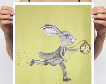 Rabbit Print, running rabbit, bunny print, Art Poster, Kids Decor Drawing, gift for rabbit lovers, alice in wonderland