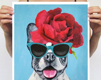 Affiche bouledogue français, peinture frenchie, cadeau pour les amateurs de frenchie, cadeau de vacances, cadeau de Noël, par Coco de Paris : frenchie avec fleurs