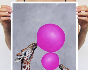 Fantasy Giraffe Painting, Giraffe print from my original painting, giraffe decor, Giraffes with bubblegum,original creation by Coco de Paris