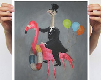 Flamingo print, ostrich print from my original painting, funny ostrich, surrealist painting, original creation by Coco de Paris