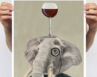 Elephant with wineglass, print from original painting by Coco de Paris, wine art, red wine