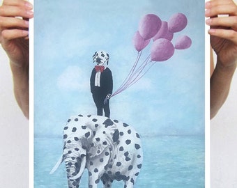 Dalmatian with dalma elephant, funny surrealist Dalmatian artwork.