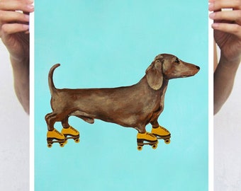 Dachshund with rollerskates, print from original painting by Coco de Paris, Dachshund lovers, Dachshund illustration, Dachshund deco