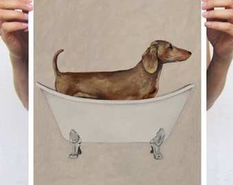 Dachshund in bathtub, print from original painting by Coco de Paris, dachshund lovers, dachshund gift