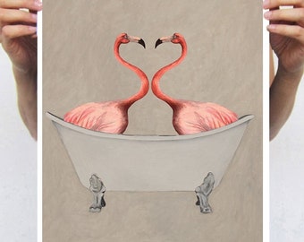 Love print, Flamingos in bathtub, valentines, valentines gift, print from original painting by Coco de Paris, Flamingos gift