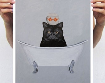 Cat in bathtub, black cat,cat lovers, I love cats,cat illustration, retro gift, cat print,cat painting,cat art, birthday print