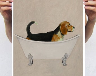 Beagle in bathtub, print from original painting by Coco de Paris, Beagle lovers, Beagle gift