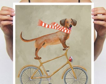 Dachshund painting, print from original painting by Coco de Paris: Dachshund on bicycle