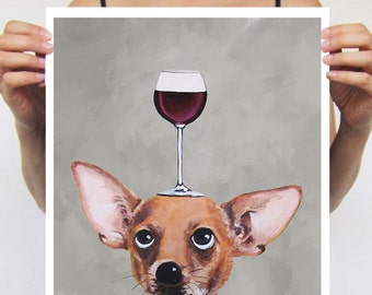 Peinture chihuahua, impression d'une peinture originale de Coco de Paris : Chihuahua avec verre à vin