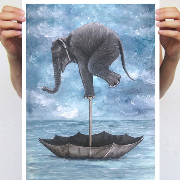 Elephant in balance art print, an original gift idea or just a nice idea to put a smile on your walls. Free shipping when you order 4 prints