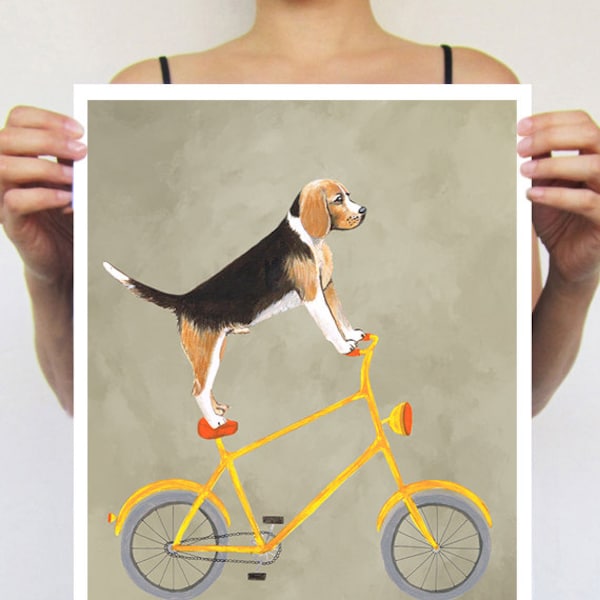 Peinture Beagle, impression d'après une peinture originale de Coco de Paris : Beagle à vélo