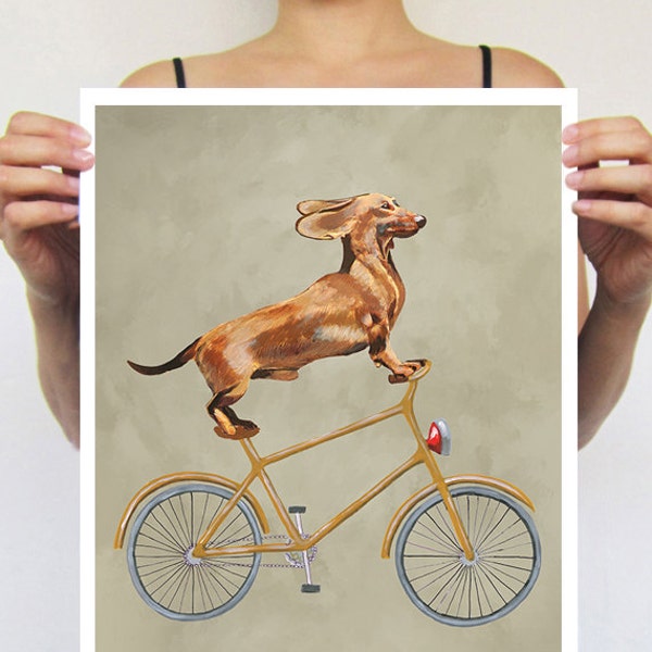 Dachshund painting, print from original painting by Coco de Paris: Dachshund on bicycle