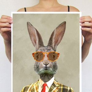 Impresión vintage de conejo, impresión de la pintura original de Coco de Paris: Conejo con gafas de sol