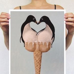 Penguin Love icecream, gift for valentines, gift for wedding, love poster,  print from original painting by Coco de Paris