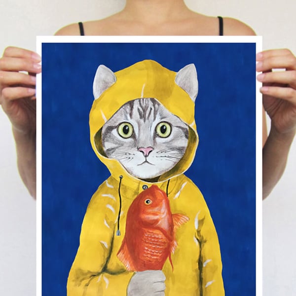 Cat print, cat and fish, cat in rain, raincoat, rainy cat, pussy, cat painting, dog illustration, cat illustration, kitten print