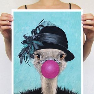 Funny ostrich print of a classy ostrich blowing bubblegum.