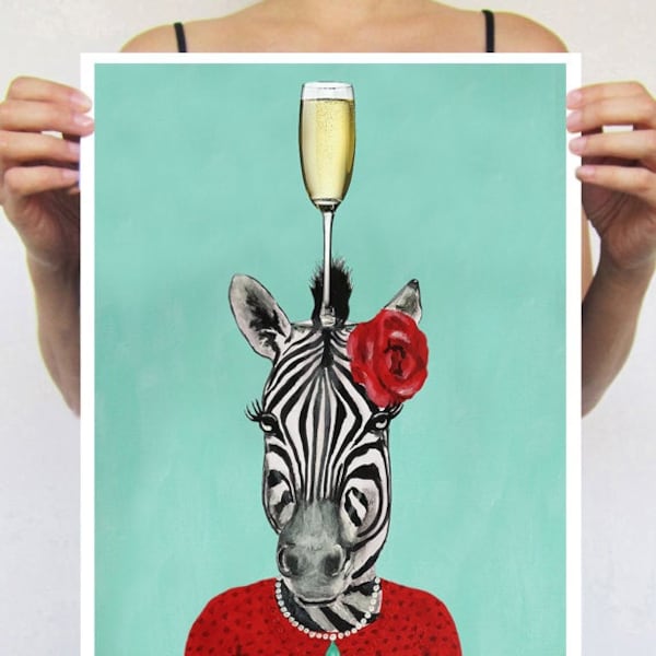 Zebra with champagne glass, print from original painting by Coco de Paris, wine art, champagne