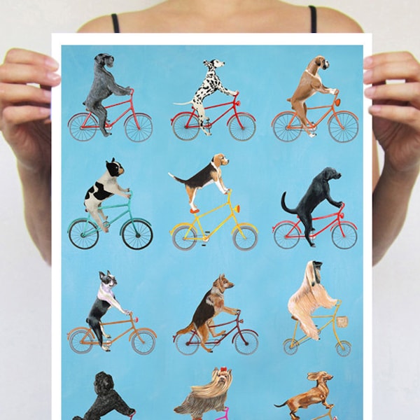 Dogs print, bicycle print, cycling dog, dog on bicycle, dog painting, bicycle painting, dog illustration, bicycle illustration, bike art