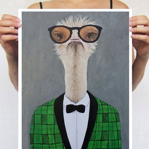 Ostrich vintage man, ostrich print from my original painting, funny ostrich, fashion painting, original creation by Coco de Paris