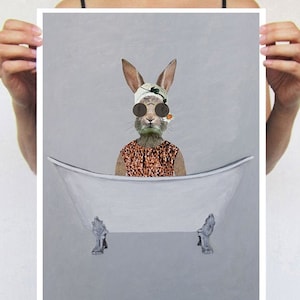 Rabbit in bathtub, rabbit lovers, I love rabbits, rabbit illustration, retro gift, happy birthday, birthday gift