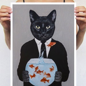 Black cat holding fishbowl, black cat,cat lovers, I love cats,cat illustration, retro gift, cat print,cat painting,cat art, birthday print