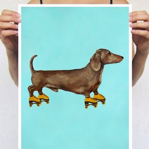 Dachshund with rollerskates, print from original painting by Coco de Paris, Dachshund lovers, Dachshund illustration, Dachshund deco