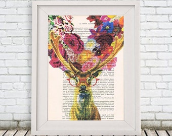 Fantasy Flower Deer - Deer print, doxie print Deer illustration Deer picture doxie decor gift for doxie lover Digital, antlers