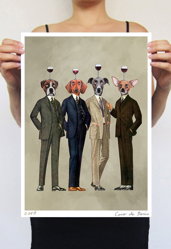 Wine Print, Wineglass Poster, Wine painting, Chihuahua, Boxer, Daschund, Greyhound,Holiday Gift, Christmas Gift, Coco de Paris