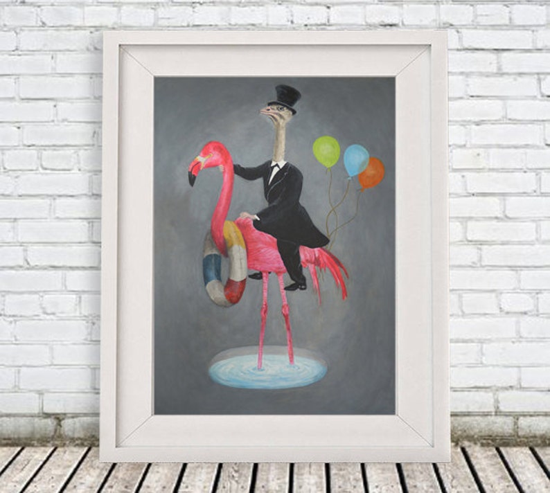 Flamingo print, ostrich print from my original painting, funny ostrich, surrealist painting, original creation by Coco de Paris image 2