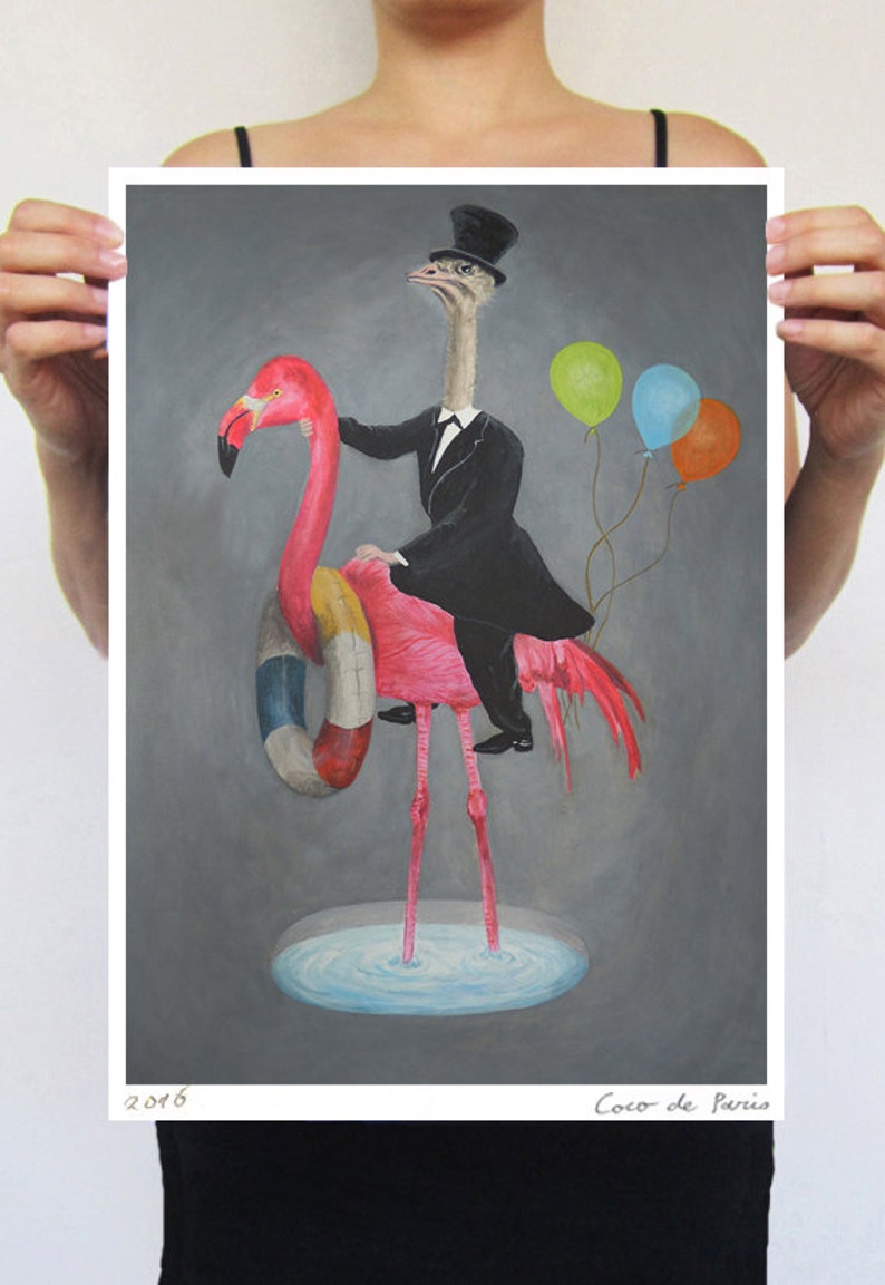 Flamingo print, ostrich print from my original painting, funny ostrich, surrealist painting, original creation by Coco de Paris image 1