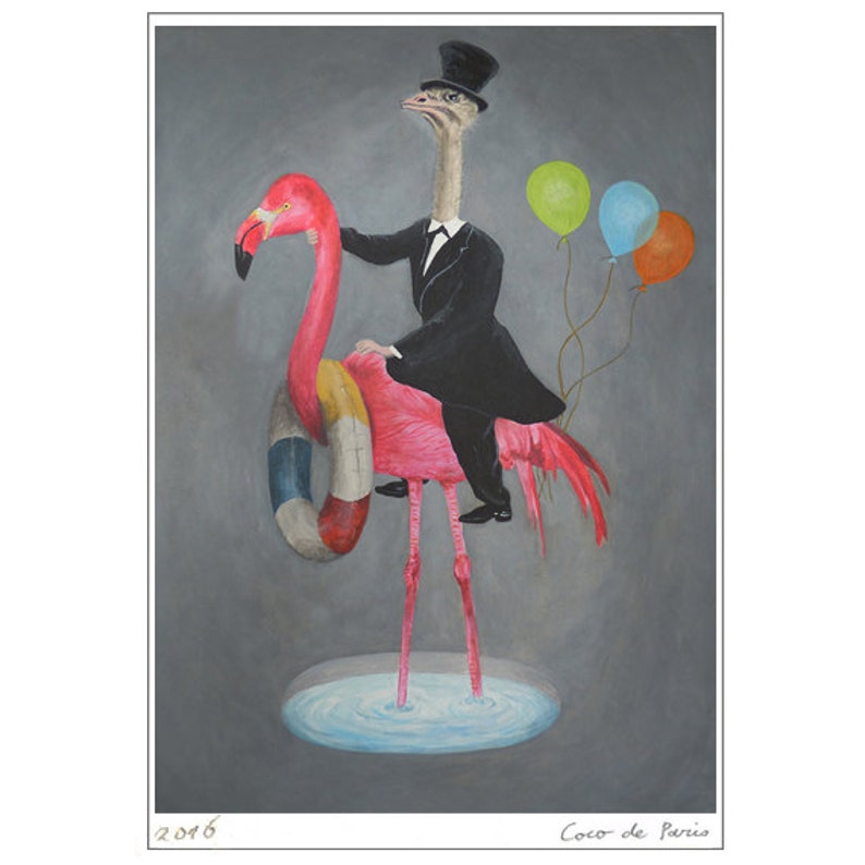 Flamingo print, ostrich print from my original painting, funny ostrich, surrealist painting, original creation by Coco de Paris image 3