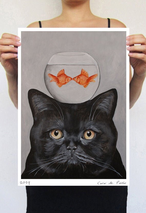 Chat avec Bol à Poisson Idée Cadeau de Chat Originale ou Tout Simplement Une Belle Pour Mettre Un So