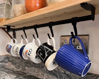 Handmade Black Mug Rail Holder: Under Shelf Cup Hanger with Hooks