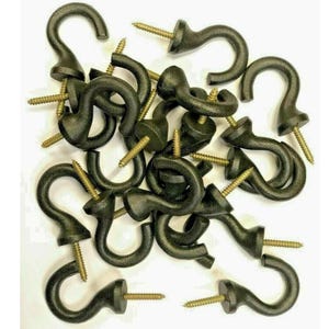 May include: A collection of dark grey metal cup hooks, each featuring a curved hook design and a threaded screw base. These hardware pieces are arranged in a scattered pile, showcasing the uniform matte finish and the sharp, pointed screw tips.
