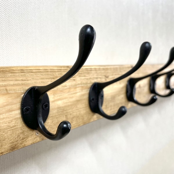 Vintage Style Oak Wooden Coat Rack Antique Handmade Cast Iron Coat Hooks Rustic Wall Mounted