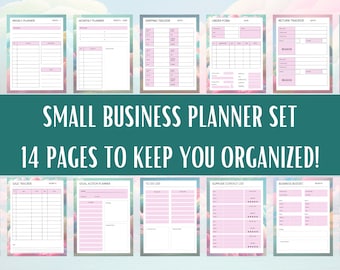 May include: A small business planner set with 14 pages, featuring a daily planner, weekly planner, monthly planner, shipping tracker, order form, and more. The pages have a pink and white color scheme.