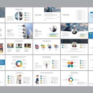 May include: A presentation template with 20 slides featuring a variety of layouts and design elements. The slides include images of people, charts, graphs, and text. The template is designed to be used for business presentations.