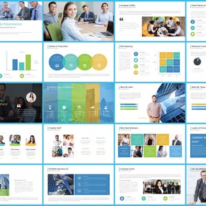 May include: A PowerPoint presentation template with a blue background and various slides featuring images of people, charts, and graphs. The slides include titles such as "Simple Presentation", "Focus On Your Own Strengths Not Others' Weaknesses", "Company Profile", "Obtaining Trust from Clients", and "Company Best Asset".