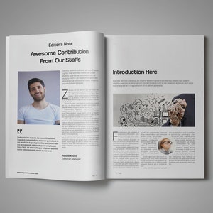 May include: A magazine spread with the title "Awesome Contribution From Our Staffs" and a photo of a man smiling. The text on the right page reads "Introduction Here".