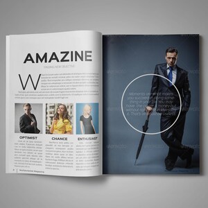 Puede incluir: Una portada de revista con el título "AMAZINE" y el texto "Moments are what makes you succeed in doing something in your life. You may have the power and money but without the passion for investing in it, that's all useless." Un hombre con traje sostiene un paraguas.