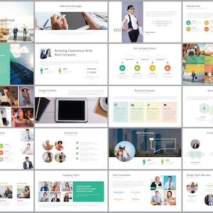 Puede incluir: Una plantilla de presentación con 16 diapositivas que presentan una variedad de diseños y elementos de diseño. Las diapositivas incluyen imágenes de personas, edificios y gráficos. El texto en las diapositivas incluye encabezados como "One Digital Presentask", "Amazing Experience With Best Company", "CEO Word", "Our Company Vision", "Business Purposes", "Business Main Topic", "Main Services", "Services List", "Client Testimony", "Customers Testimony", "Team Leaders", "Company Teams", "Team Formation", and "Design Team Member".