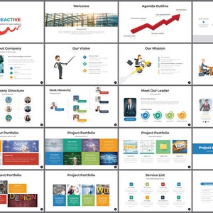 May include: A PowerPoint presentation template with a red, white, and blue color scheme. The template includes slides for a welcome, agenda outline, introduction, about the company, our vision, our mission, our office, company structure, work hierarchy, meet our leader, meet our team, our portfolio, project portfolio, service list, and more.