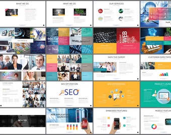 Puede incluir: Una presentación de PowerPoint con un diseño colorido y varias diapositivas sobre diseño web, desarrollo y SEO. Las diapositivas incluyen texto, imágenes y gráficos.