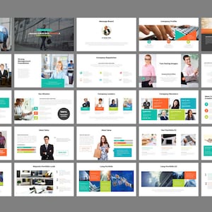 Puede incluir: Una plantilla de presentación con 25 diapositivas que presentan una variedad de imágenes y texto. Las diapositivas incluyen un logotipo de empresa, una declaración de misión, fotos de equipo y ejemplos de cartera. La plantilla está diseñada para ser utilizada en presentaciones comerciales.