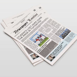Pu&ograve; includere: Un giornale con il titolo "Gli studenti hanno perso la speranza per l'aumento delle tasse universitarie". Il giornale contiene anche articoli su una competizione scientifica e una rivista di salute pubblicata.