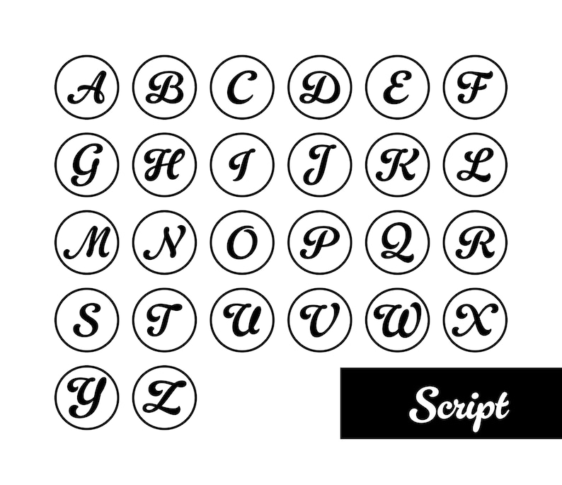 Op de afbeelding: Een verzameling van zesentwintig zwarte cirkelvormige iconen, elk met een hoofdletter van het alfabet in een cursief lettertype, gerangschikt in een raster. Een zwart rechthoekig vak in de rechterbenedenhoek toont het woord Script.