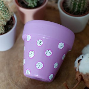 Peut inclure: Un pot de fleur en céramique lavande orné de pois blancs et noirs. Le pot est entouré de petits cactus et plantes succulentes en pot. Le pot est conçu pour une utilisation intérieure ou extérieure.