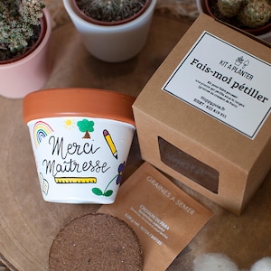 Peut inclure: Un pot de fleurs en céramique blanc et orange avec l'inscription "Merci Maitresse" et des illustrations colorées. Une petite boîte "Kit à Planter" et un sachet de graines suggèrent un kit de plantation.